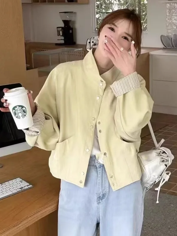 

Корейский дизайн, полосатая куртка с воротником-стойкой, женская свободная приталенная модель, весна-осень, новая верхняя одежда