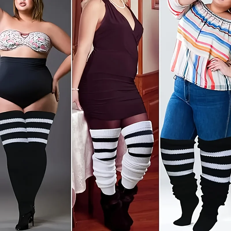 Gestreifte Kniestrümpfe in Übergröße, extra warme lange Wintersocken, stilvolle Kompressionssocken – Detail 2
