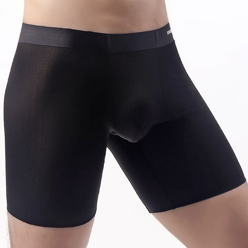 

Men's Solid Color Translucent Long Leg Boxers Shorts Breathable U Convex Pouch Underwear Fitness Sports Boxer