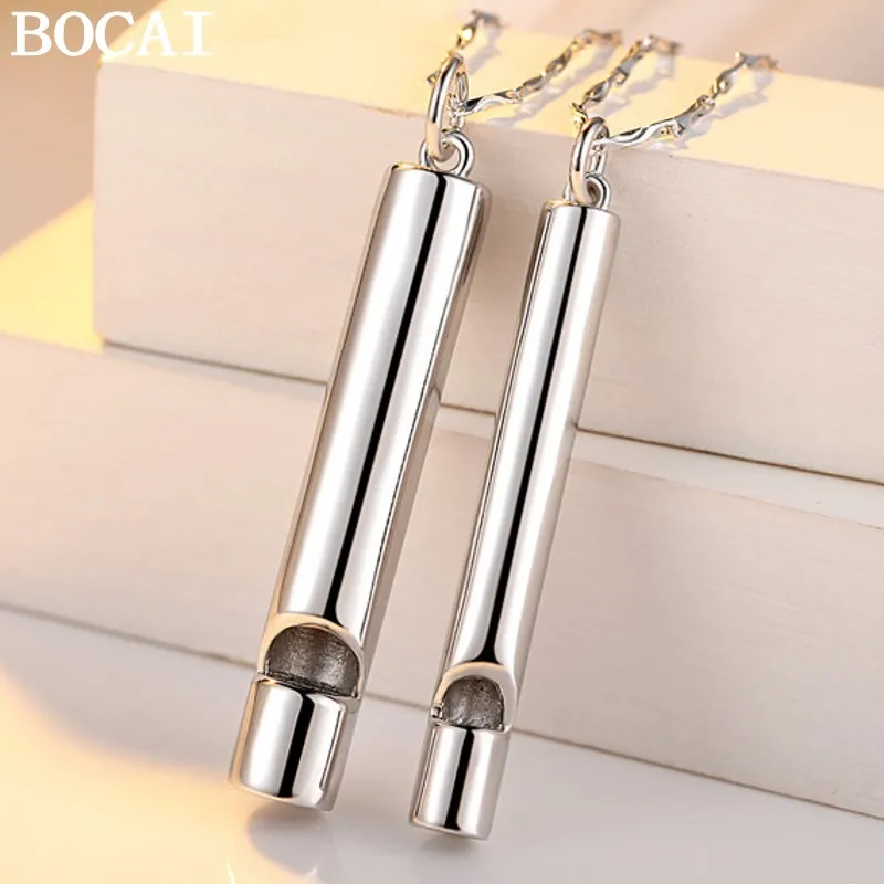 

BOCAI NEW S925 Pure Silver Simple And Niche Can Be Blown Whistle Pendant Couple Style