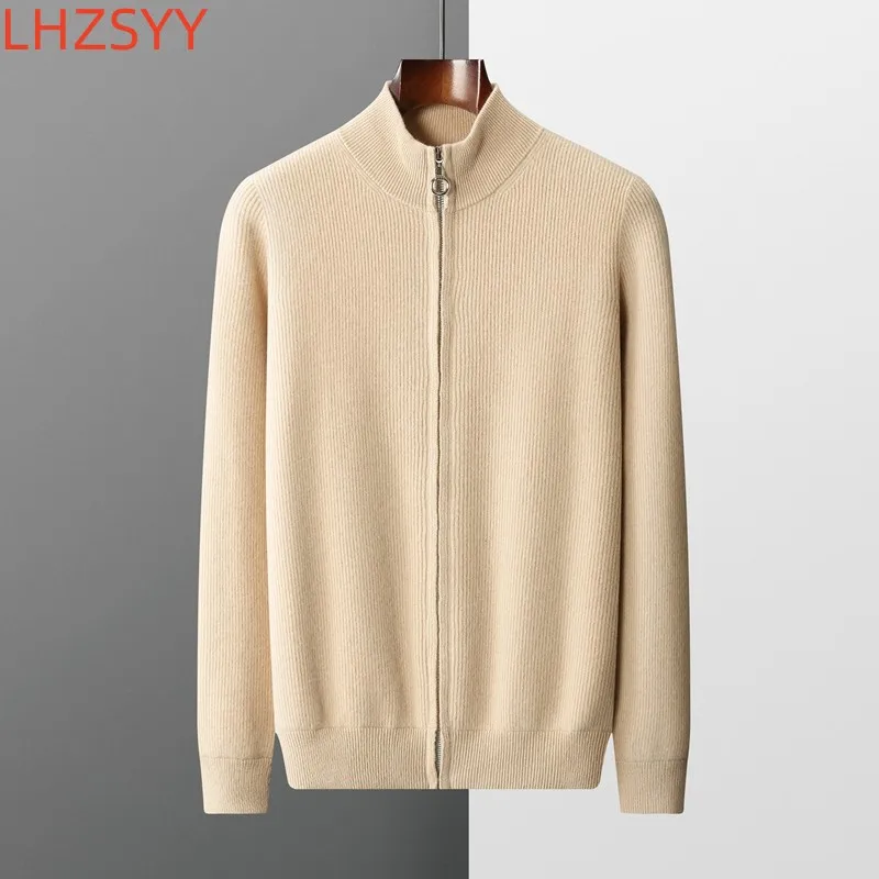 LHZSYY Men\'s Cashmere Knit Cardigan Middle-Aged Stand-up Collar Zip-up Coat 100%Pure Wool Autumn Winter Thick Sweater Men Jacket