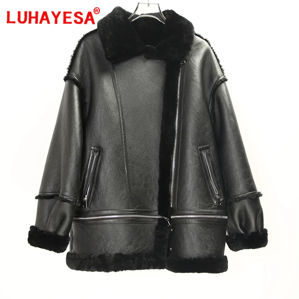 Luhayesa-ropa de piel de cordero australiana para mujer, chaqueta de piel auténtica gruesa de largo medio para invierno, 2024