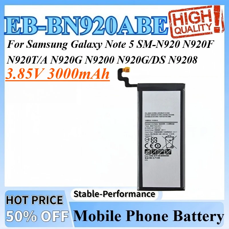 3.85V 3000mAh EB-BN920ABE Battery For Samsung Galaxy Note 5 SM-N920 N920F N920T/A N920G N9200 N920G/DS N9208 High Quality