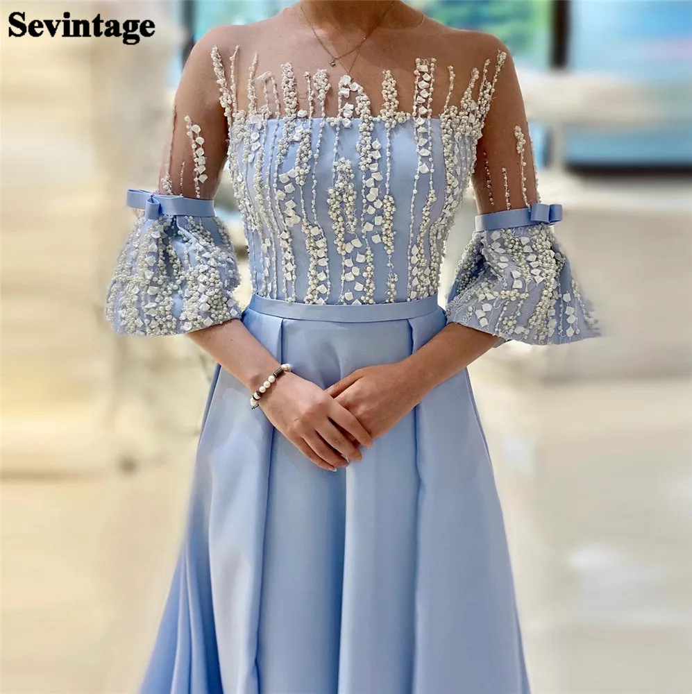 Sevintage Exquisite Prom Dresses Illusion Trumpet Sleeves With Bows Sequineds Party Gowns Ruched Tea Length Lvestidos de noche