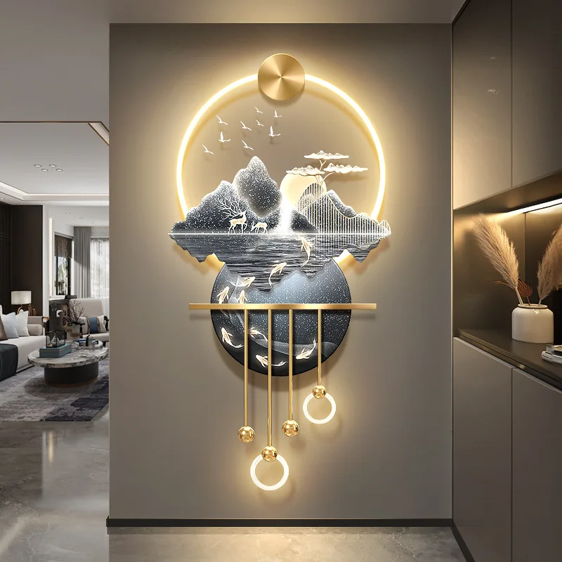 Living Room TV Grille Decoration Pendant,Nine Fish Picture,foyer Background Wall with Lights,mural Painting,corridor Painting