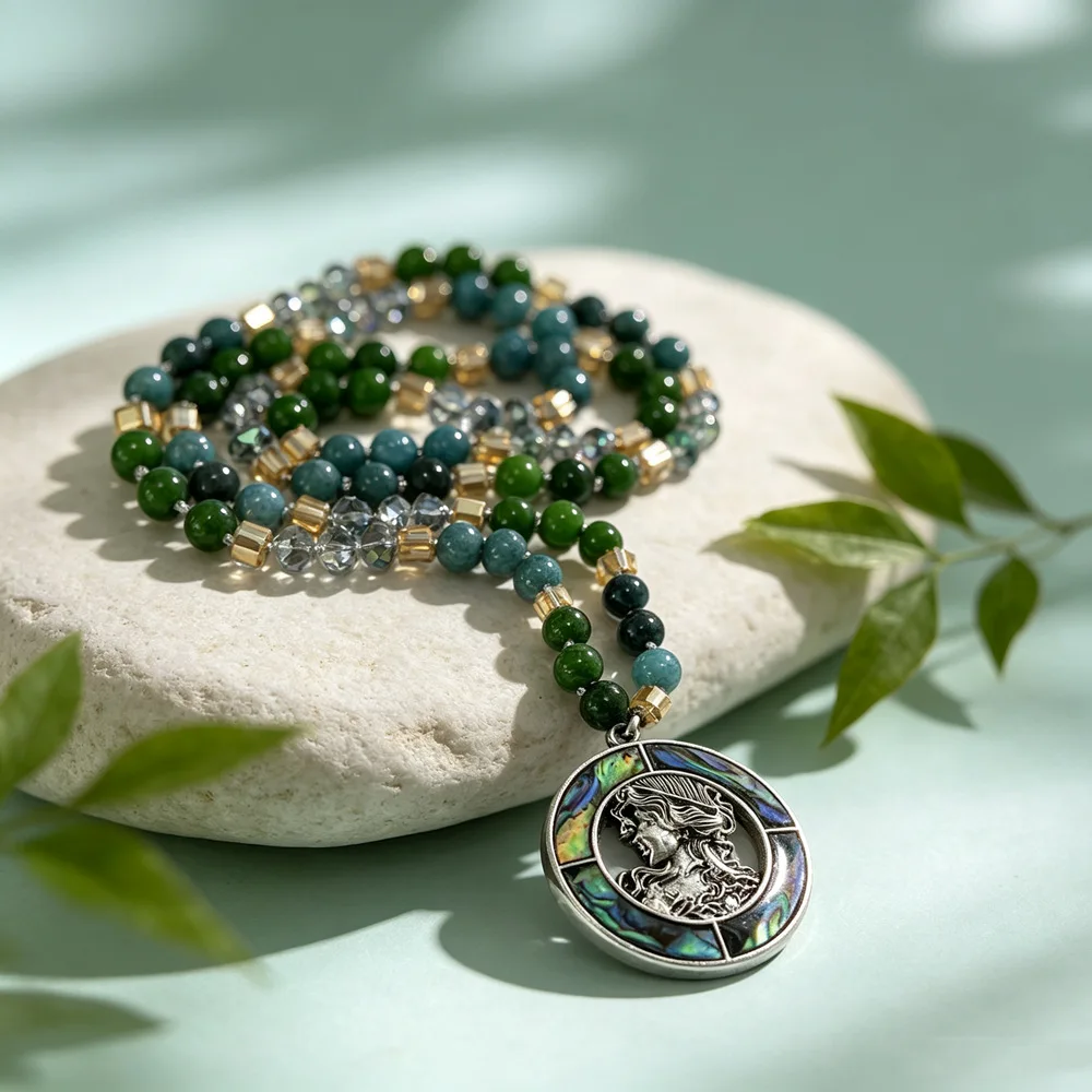 Luxury Vintage Boho Style Necklace, Knotted Chain With Human Figure Shell Pendant, Blue Green Stone Bead Statement Necklace for