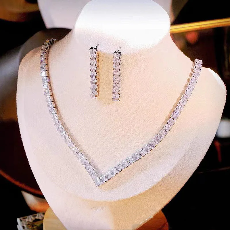 

Square Drop Rhinestone Long Pendant Full Crystal Silver Plated Necklace & Earrings Elegant Bridal Wedding Advanced Jewelry Set