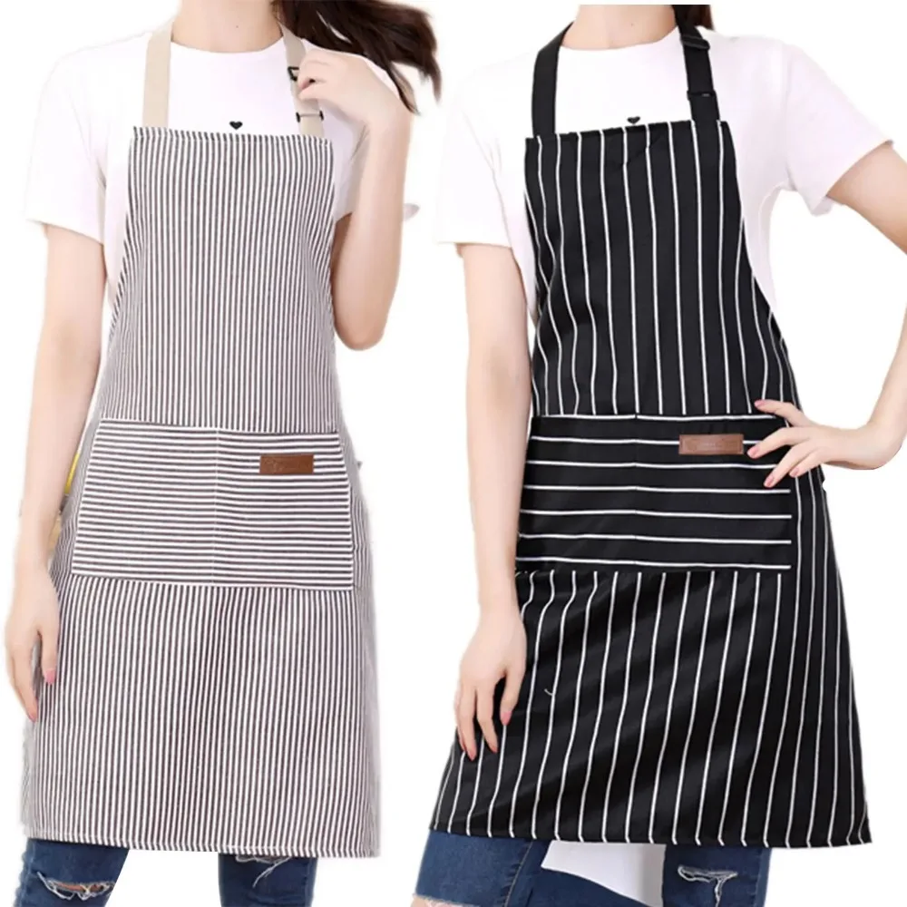 2pcs White Black Striped Man Woman Home Restaurant Kitchen Baking Nail Bib Oil Repellent Work Apron 2 Pockets Adjustable