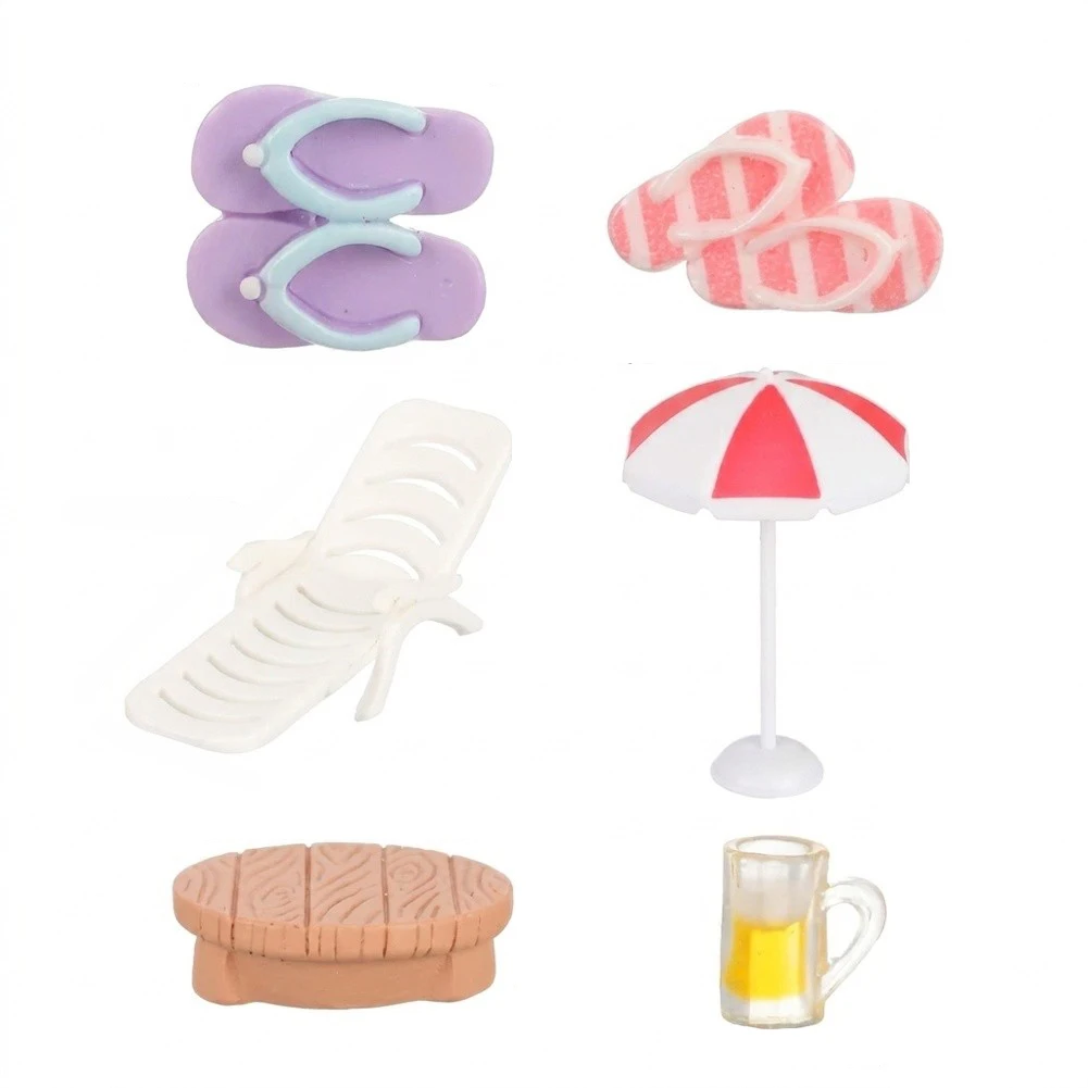 Beach Decor Kit 9 Pieces for Dollhouses and Cake Decorating Featuring Resin Plastic Chairs Umbrellas Table Cups Flip Flops