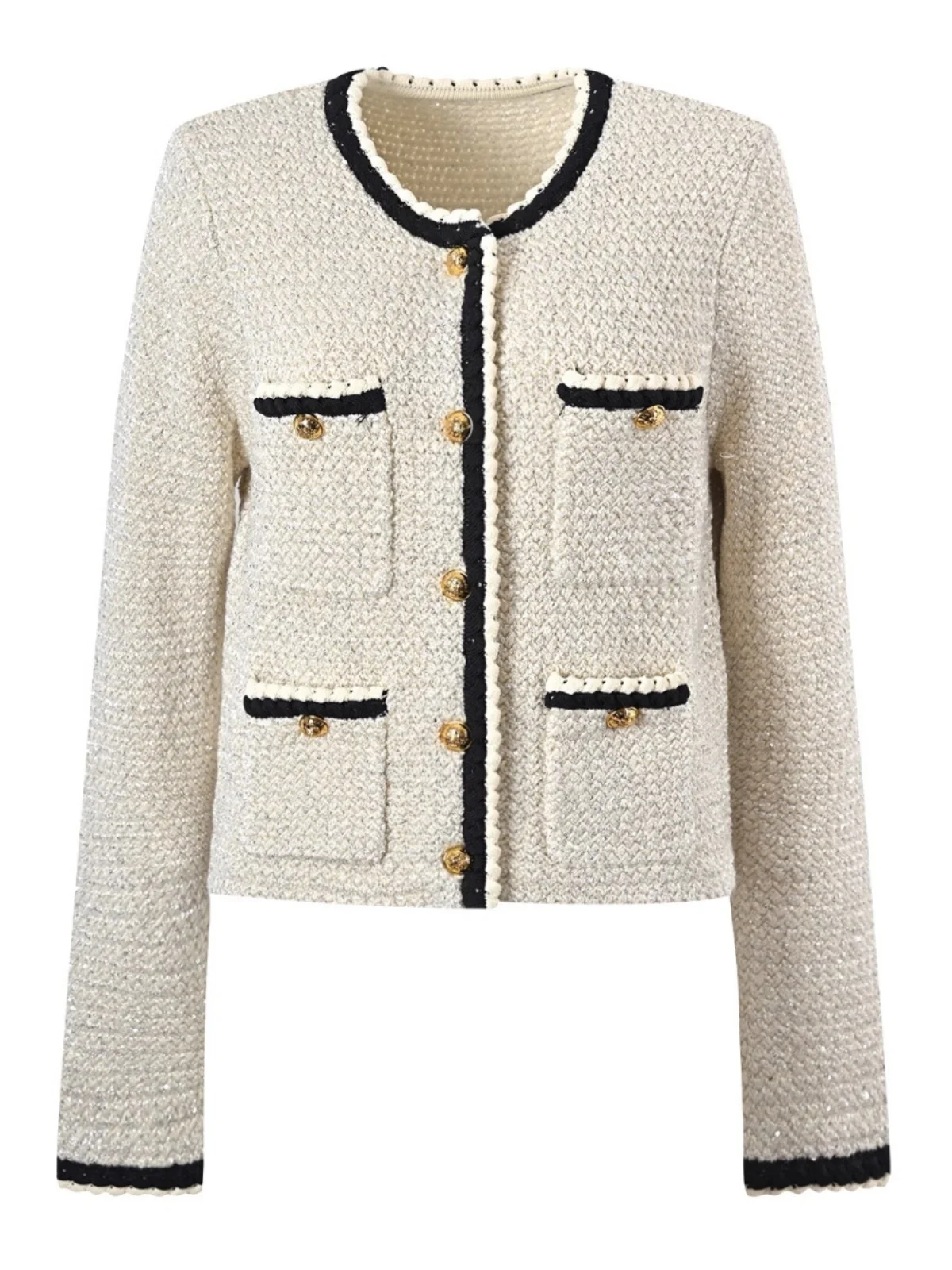 

Spring 2025 New Design Sensation Metal Bule round Ne Versatile Small ence Open Cardigan Women's Top Wool Blend Fabric