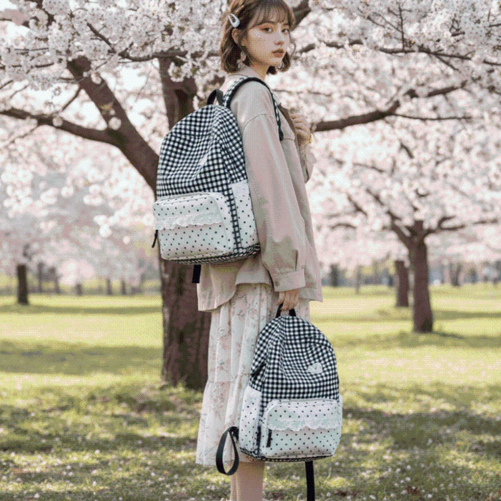 Korean Style Gingham Backpack Pastel Colors Polka Dot Lace Schoolbag Lightweight Heart Embroidery Plaid Daypack High Students