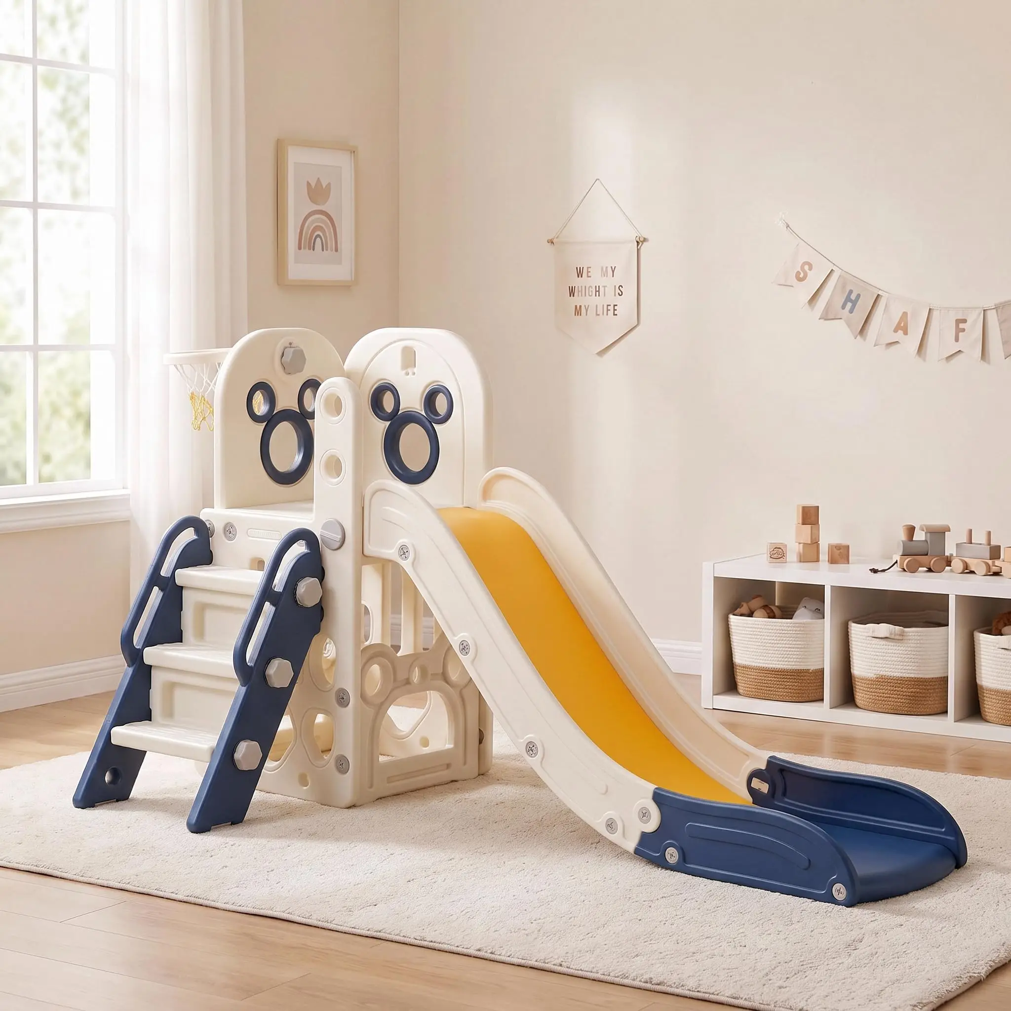 6 in 1 Toddler Slide Playset, Sturdy L-Shaped Climber with Basketball Hoop Indoor Outdoor Playground for Kids,Baby Activity Center