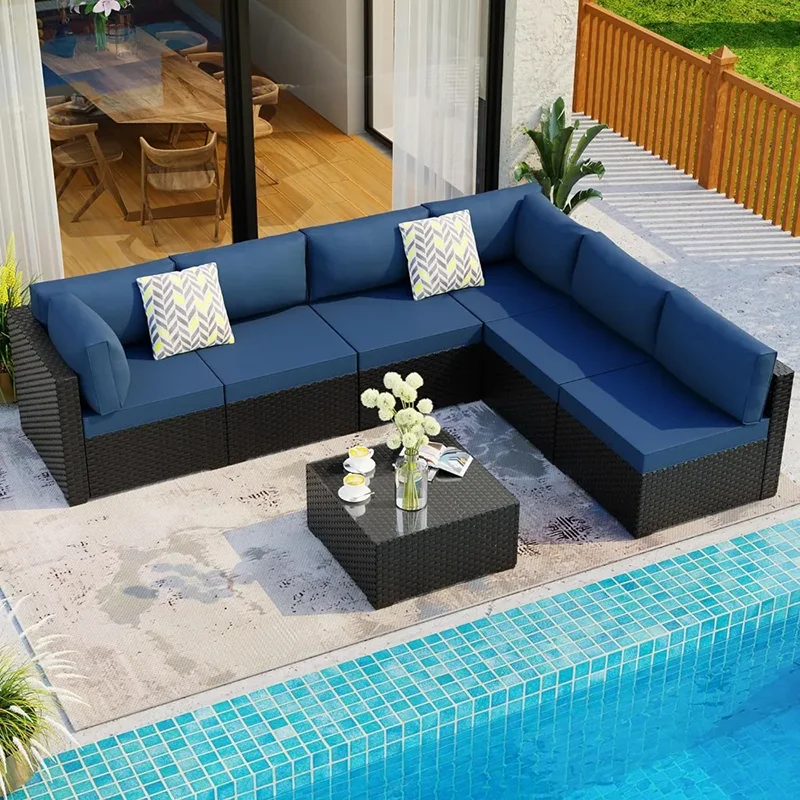 

Outdoor Sofa, 7-piece Lounge Sofa, With Washable Cushions And Glass Coffee Table, Garden Sofa Outdoor Seating Pool Furniture