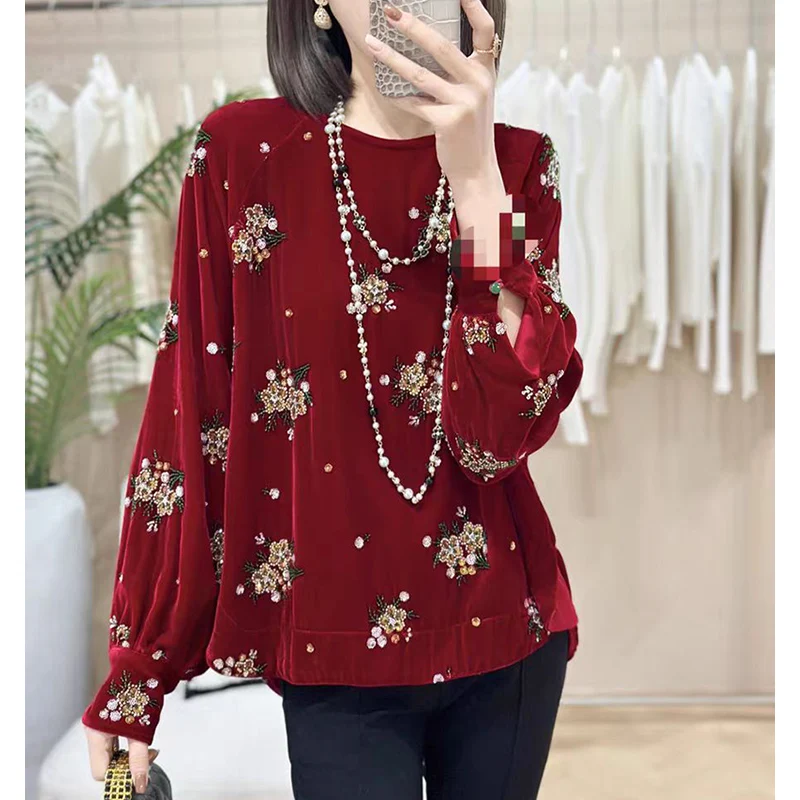 Fashion 2025 Early Spring New Round Neck Silk + Velvet Beaded Embroidery High end Chinese Style Shirt for Women S-XL