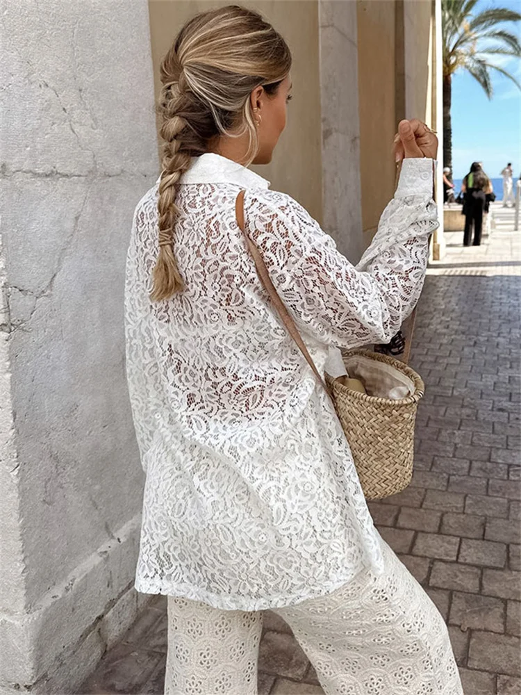 Tossy Hollow Out Printed Loose Shirts For Women Fashion Patchwork Lace See-Through Summer Top Long Sleeve Female Casual Blouse