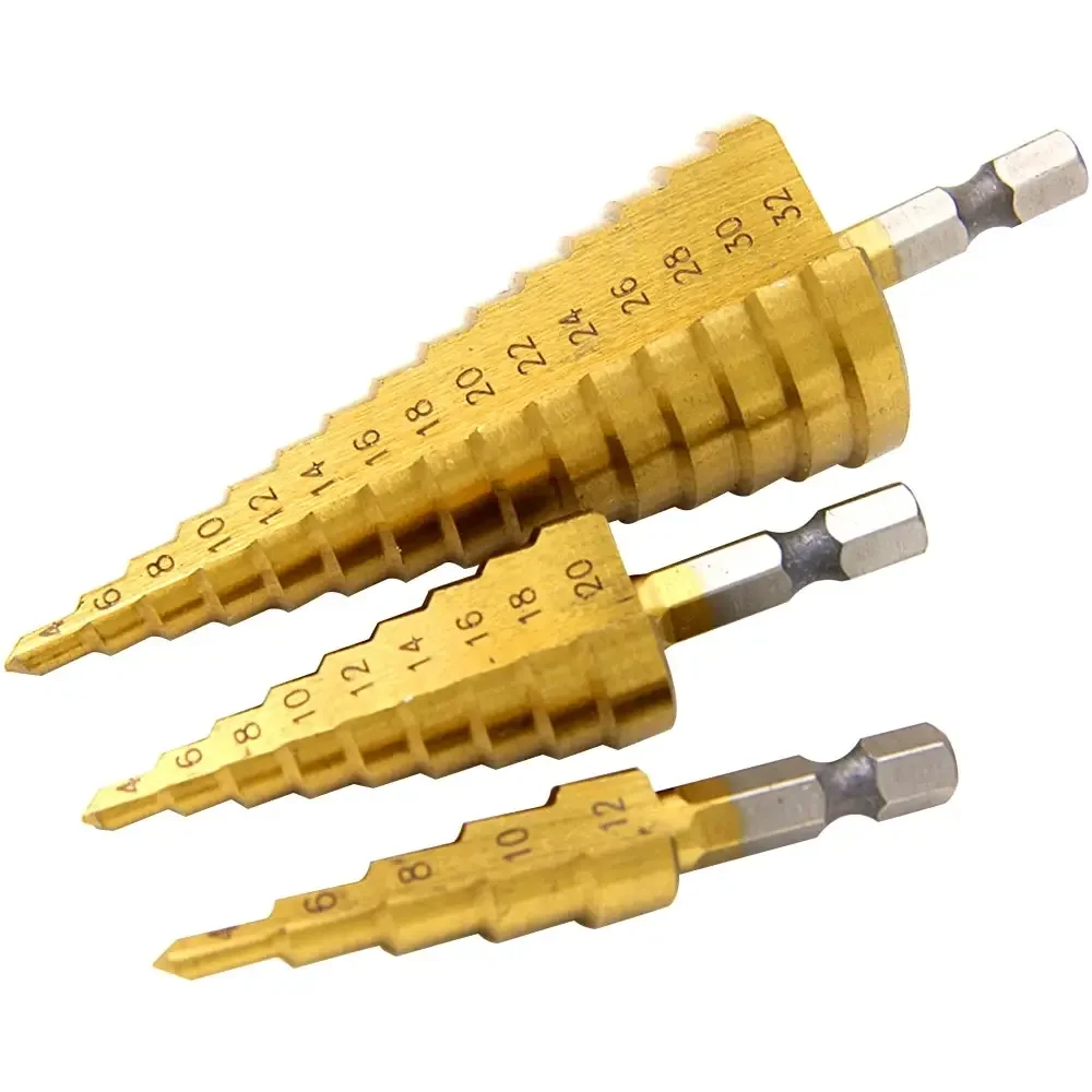 Step Drill Titanium Plated Hexagonal Shank Straight Groove 3-12/4-12/4-20/4-32mm Pagoda Drill Drilling Tool Accessory Set