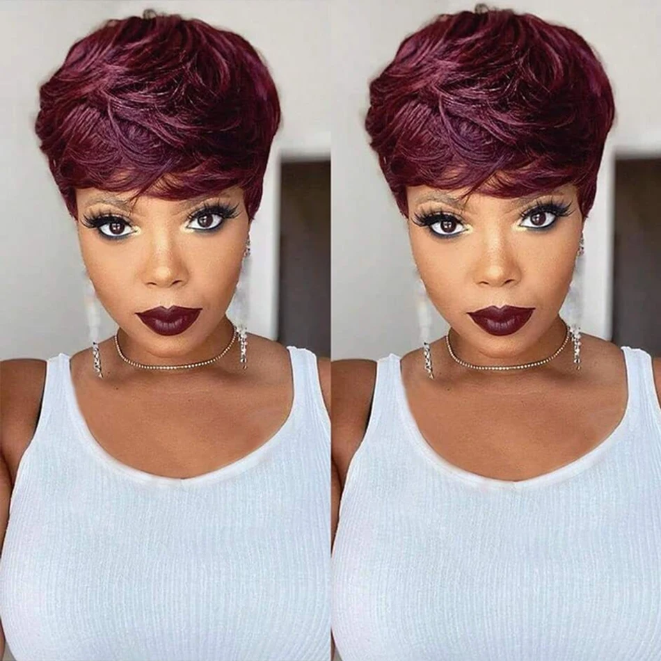 

99J Бордовый цвет Парик с стрижкой пикси Машинное производство Парики из человеческих волос Гладкие прямые парики с челкой Бесклеевые бразильские человеческие волосы Remy