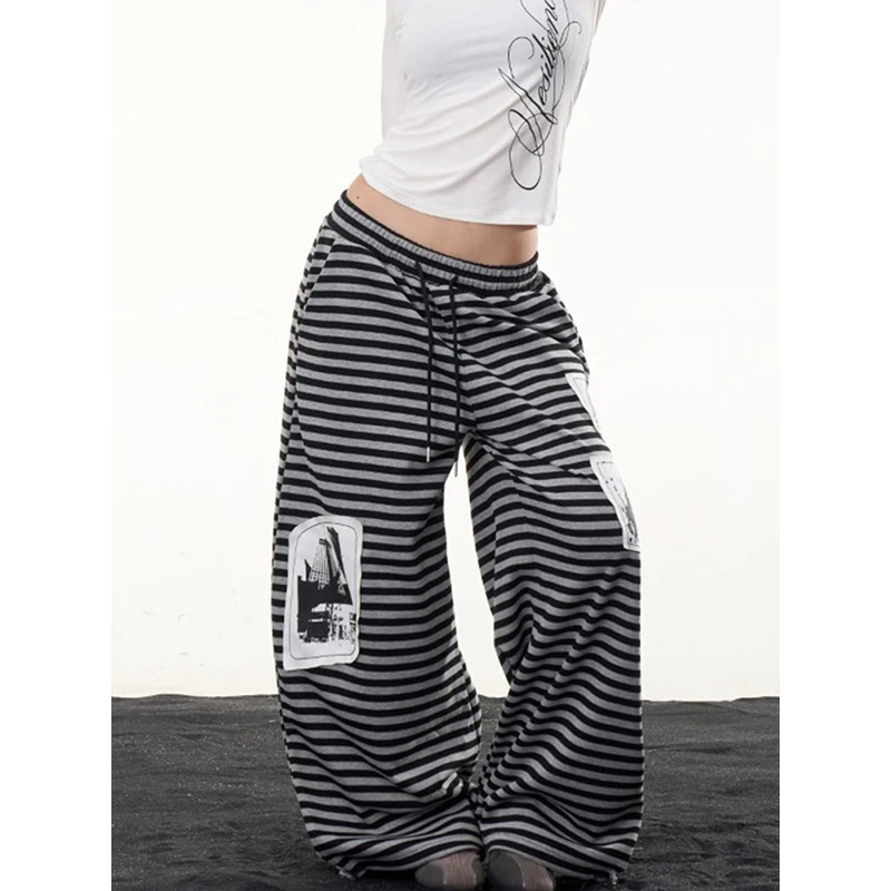 Women's Casual Straight Leg Pants Ant Pattern American Black White Stripes Sweatpants Drawstring Elastic Waist Wide Leg ﻿