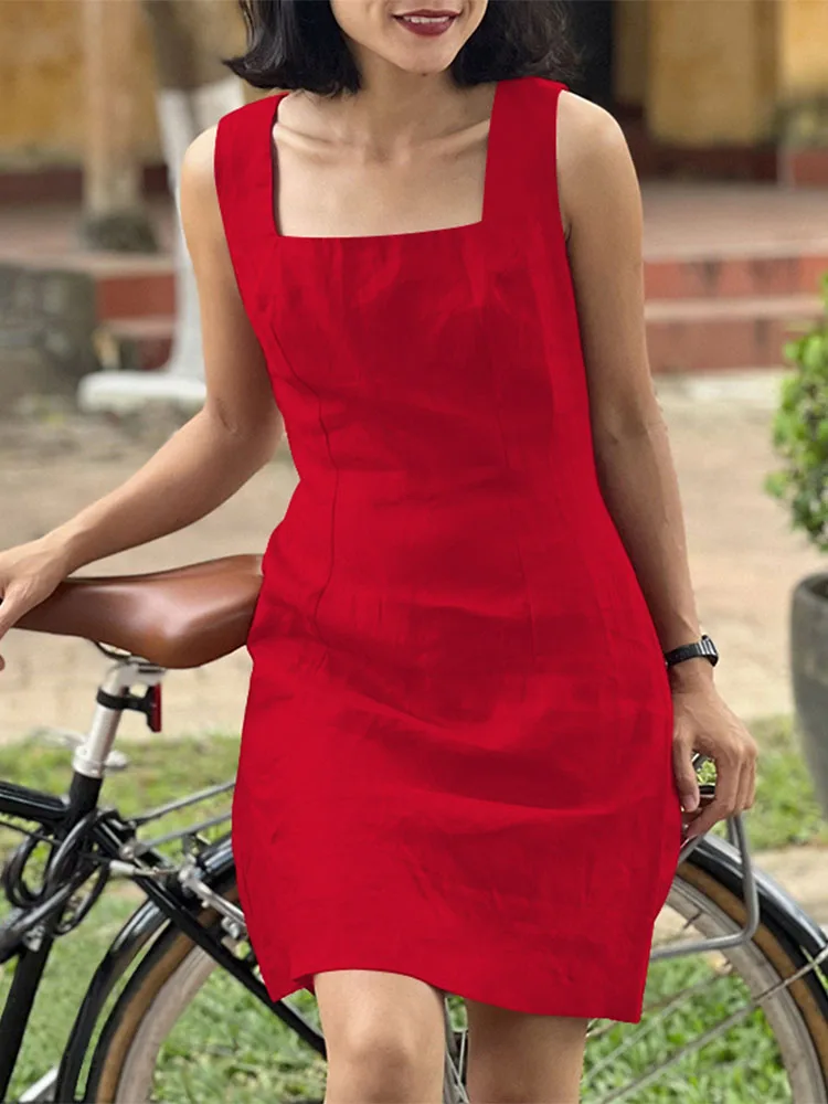 ZANZEA-túnicas cortas sin mangas de verano para mujer, minivestidos elegantes a la moda con cuello cuadrado, ropa de día, vestido informal ajustado sin mangas
