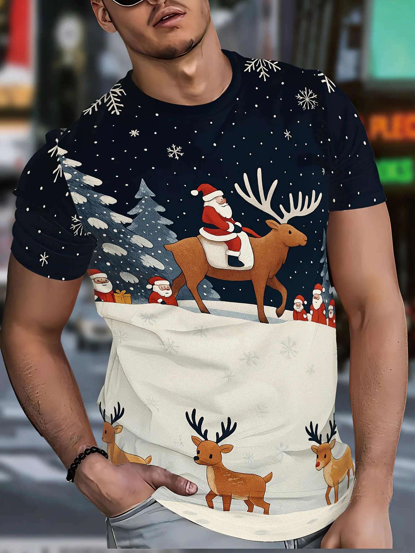 

Cartoon Elk Print Men's T-Shirts Casual O-neck Loose Short Sleeve Tops New Santa Claus Pullover Tees Fashion Men X'mas Clothing