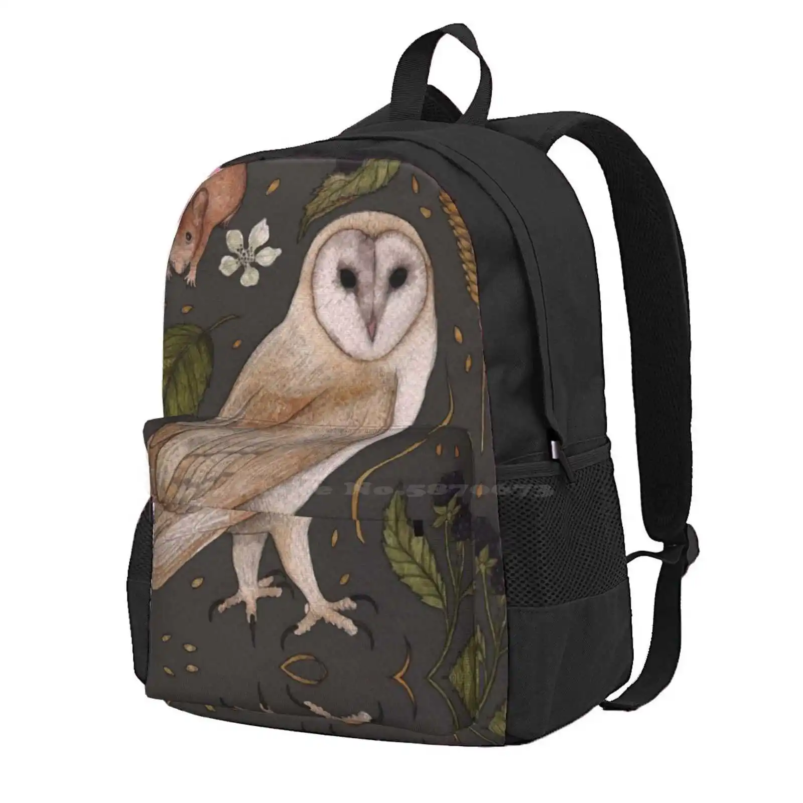 Barn Owl Hot Sale Schoolbag Backpack Fashion Bags Barn Owl Mouse Grey Botany Botanical Nature Fruit Watercolour Birds