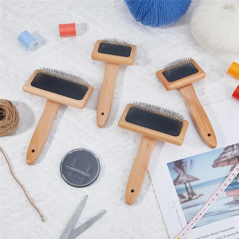 J1UL1N 4Pcs Wool Brush Hand Carders Slicker Brush Needle Felting Brush With Solid Wood Handle Wheat Color For Dogs