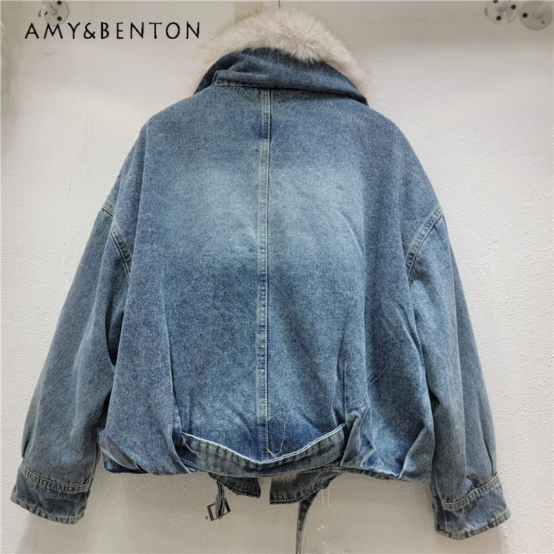 

Зимняя новая дизайнерская короткая куртка с большим меховым воротником, утолщенная теплая джинсовая парка, пальто для женщин, мягкое пальто Y2k