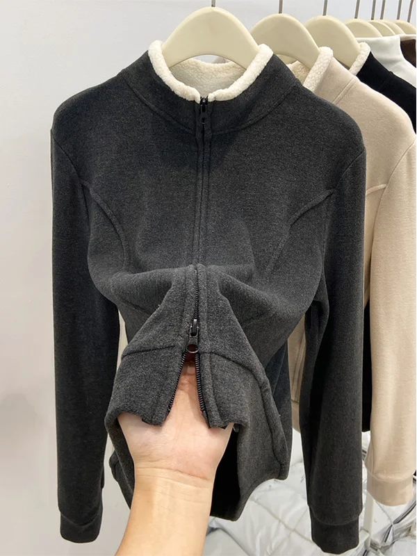 

Женская осенне-зимняя толстовка с воротником-стойкой из овечьей шерсти и бархата, с двойной молнией, удлиненная модель