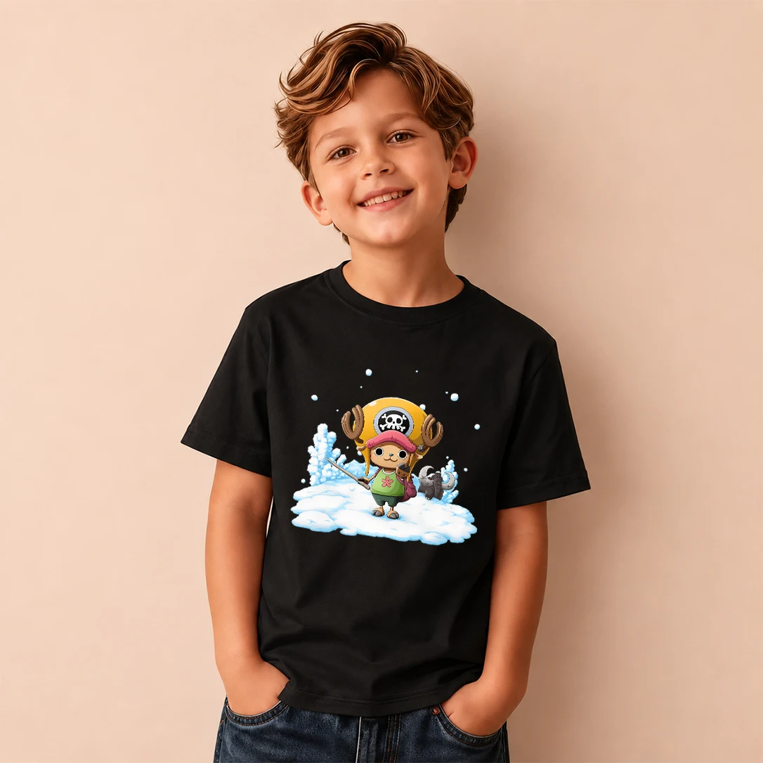 Kids T‑Shirt One Piece Tony Tony Chopper Snow Scene Print Short Sleeve Casual Tops Boys Girls Anime Children Daily Wear Tees