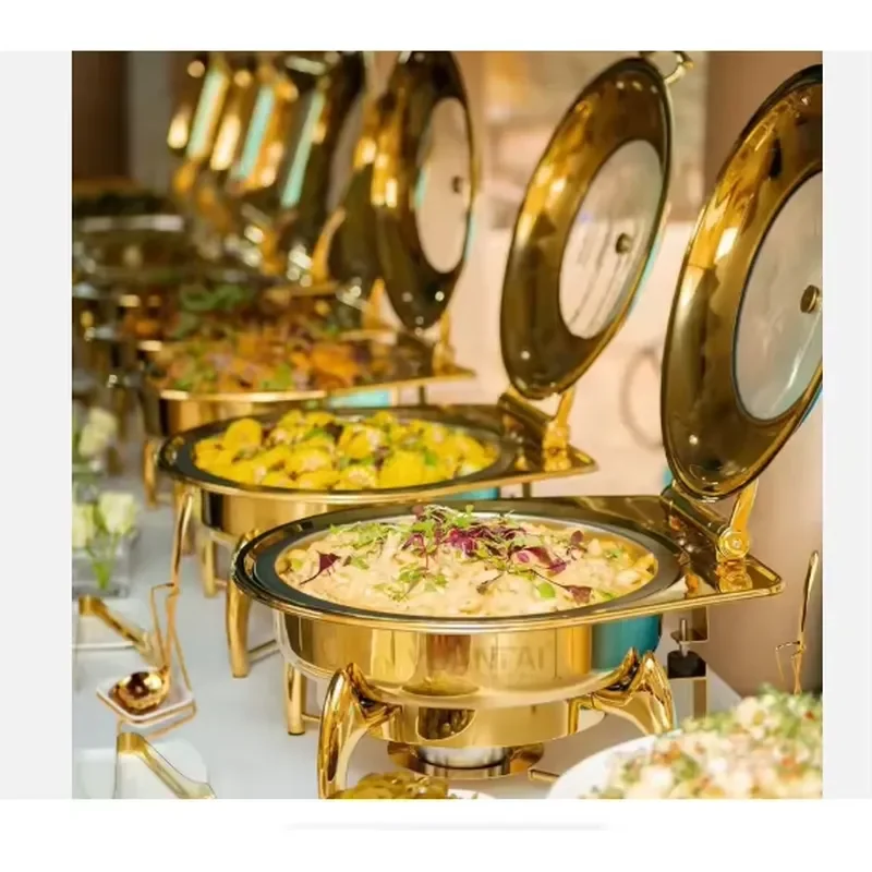 Hotel Restaurant Golden Chefing Dishes Round 6L Banquet Party Catering Equipment Chafer Gold Buffet Ware Set Catering