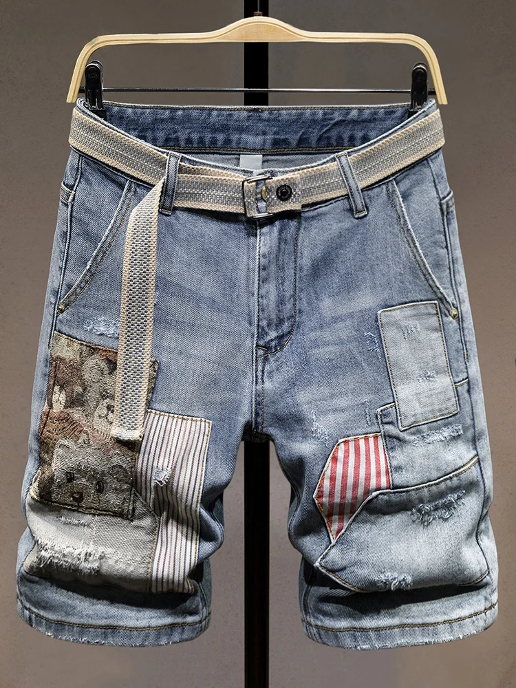 

Hong Kong Style Men's Denim Shorts Five-Pointed Patchwork Ripped Repair Casual Mid-Waist Cotton Stretch Denim Fashionable Shorts