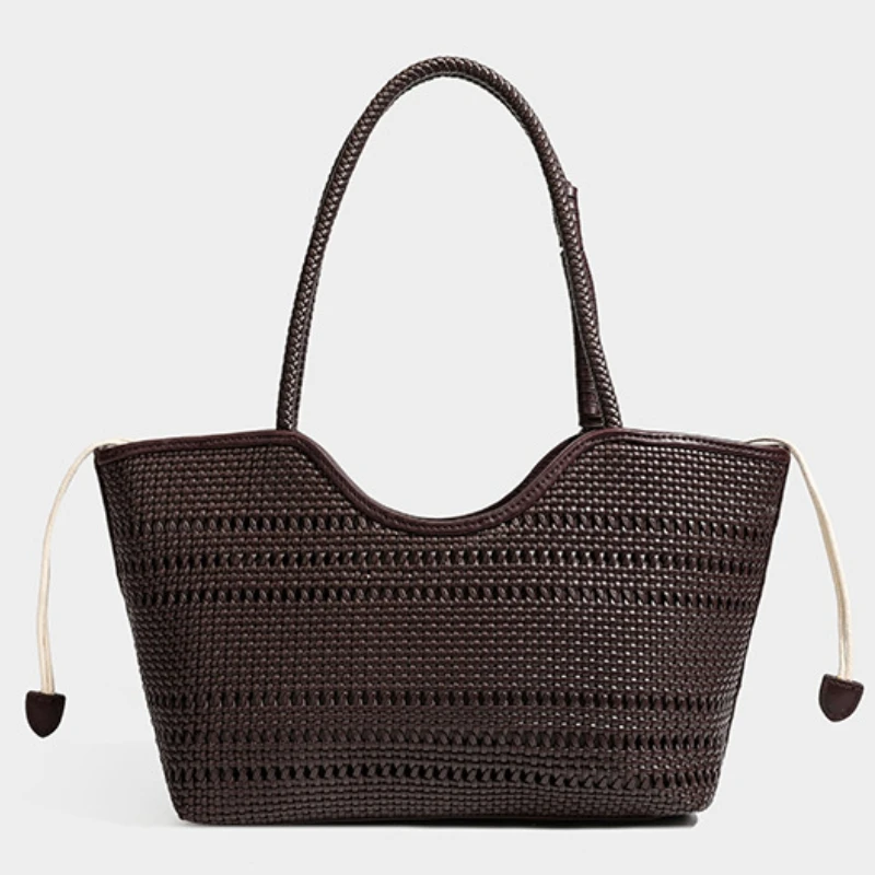 Soft Pu Leather Handwoven Tote Bag Women's Large Capacity Hollow Out  Designer Handbag Purse 2026 with Drawstring Inner Pocket