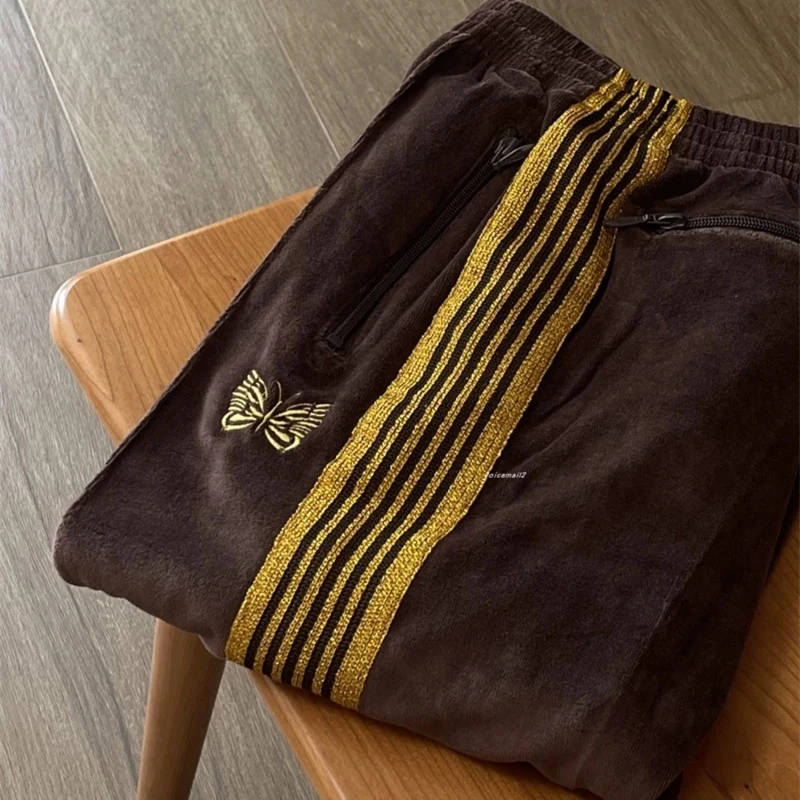 2025 Butterfly Embroidery Brown Velvet Pants Men Women Best Quality AWGE Striped Sweatpants Drawstring Trousers With Tags