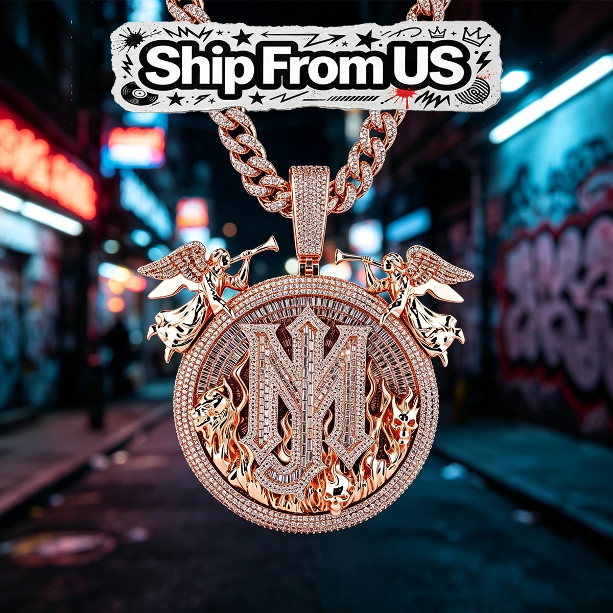 Amuleto Hip Hop 3D con Diseño de Calavera de Diablo de Fuego y León, Joyería de Estilo Urbano para Raperos, Adorno Unisex con Brillo, Chapado en Oro Rosa de 18K, Zirconia Cúbica, Dos Ángeles, Joyería Fina, Regalos para Hombres y Amigos, Colgante Medallón con Letras M y J para Fiesta en Club o Uso Diario.