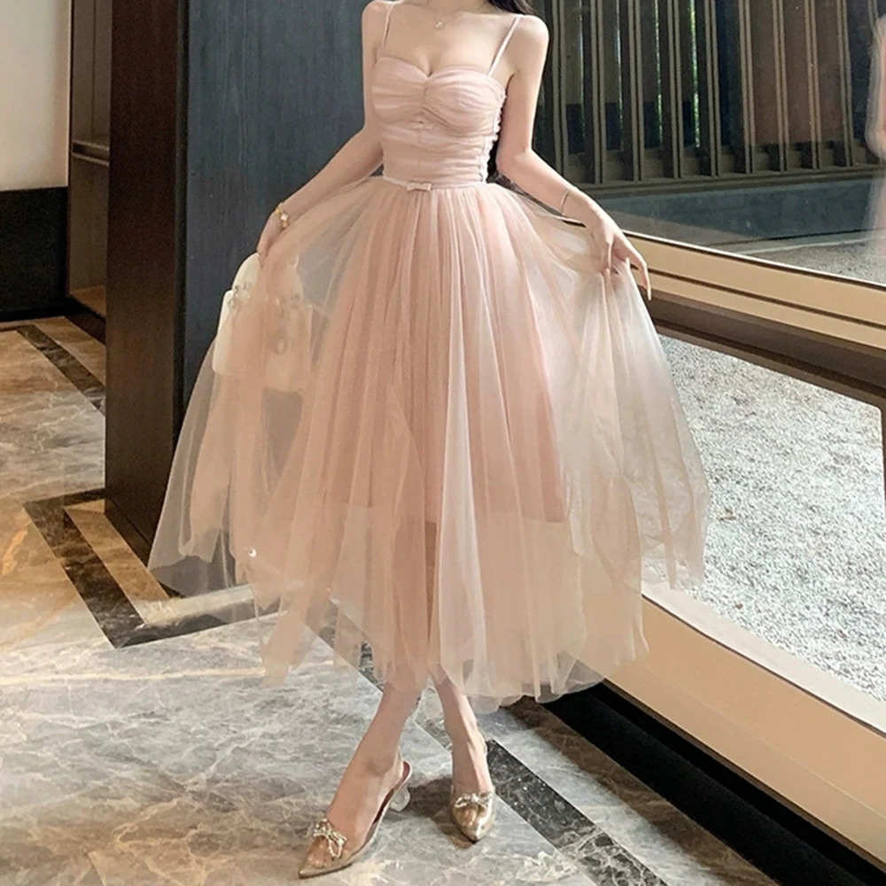 

Pink mesh suspender dress with a rich girl's look, elegant lady, high-end waist banquet dress-GZXX207