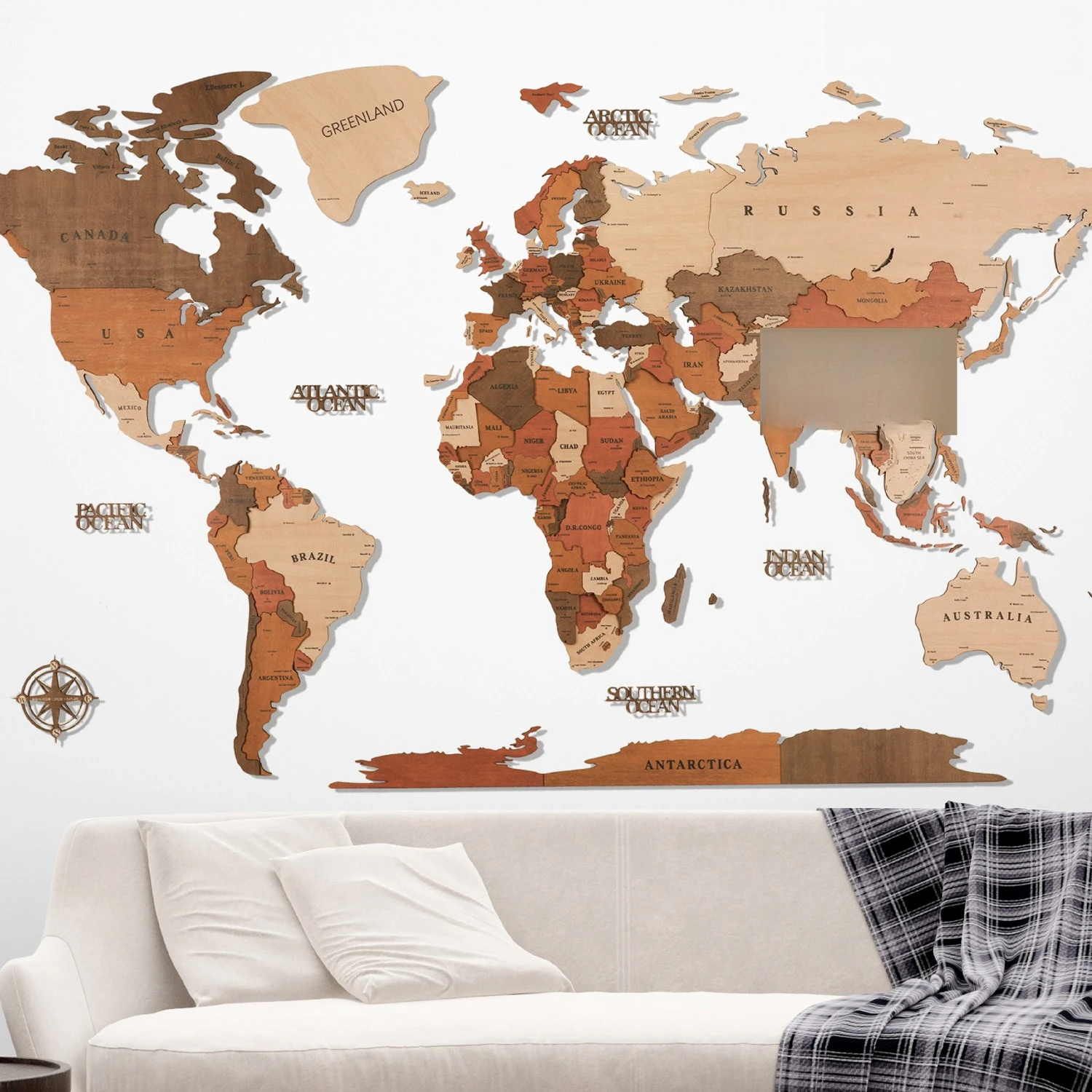 World three-dimensional solid wood map wall sticker wall decoration creative living room background