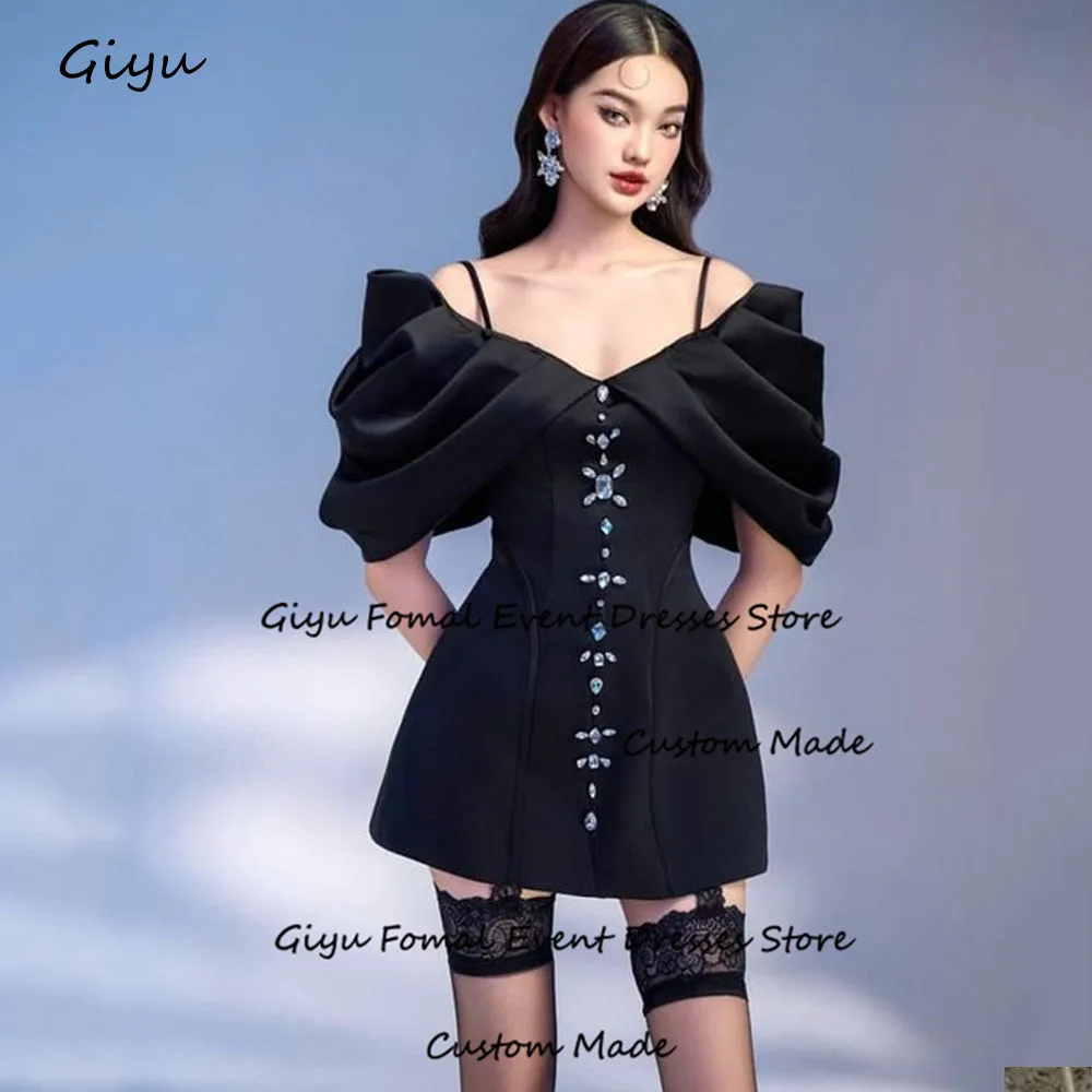 

Giyu Morden Style Crystal Prom Dress Black V-Neck Mini-length Above The Knee Wedding Party Dress Cocktail Dress Summer Dress