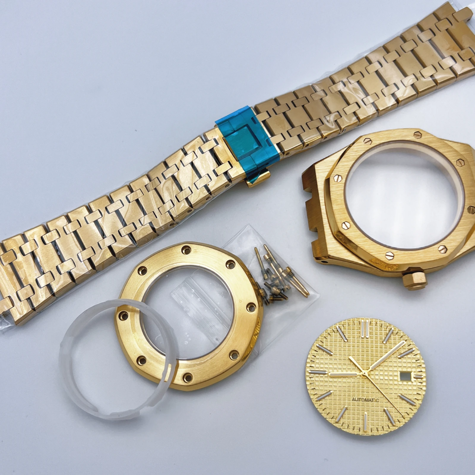 

Golden NH35 set, case+strap+dial+hands, high-quality stainless steel case strap, sapphire mirror, oak DIY