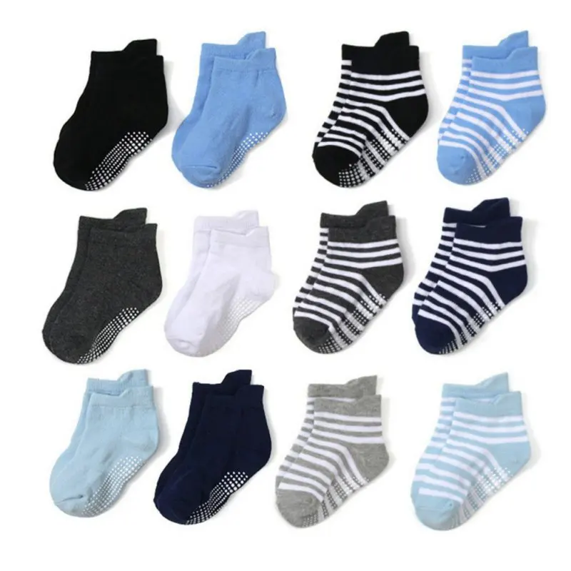 6 Pair Cotton Baby Anti-slip Boat Socks For Boys Girls Low Cut Floor Kids Toddler Sock With Rubber Grips For 0-7Years