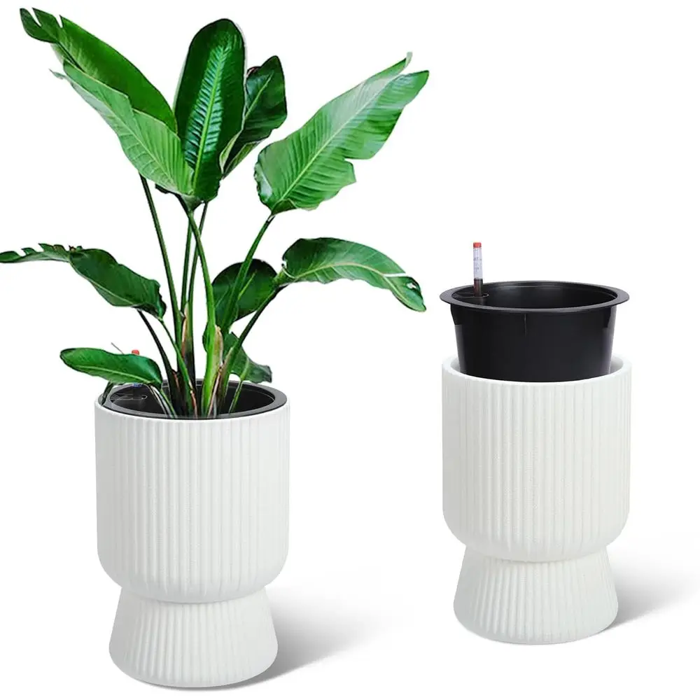 

Set of 2 14 Inch Tall White Planters with Drainage and Water Level Monitor for Indoor and Outdoor Use
