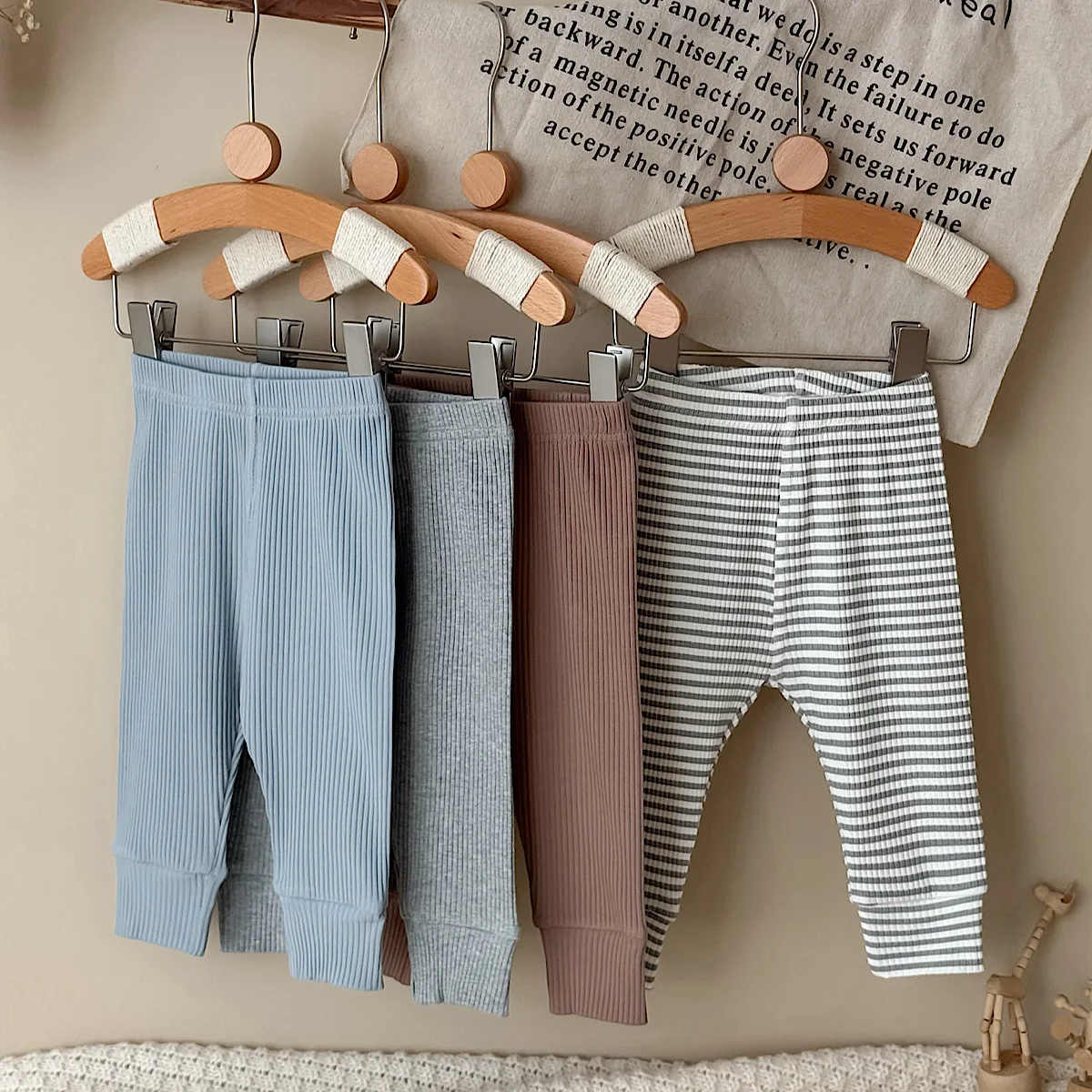 Unisex Baby 4‑Pcs Ribbed Leggings Set, Infant Multi‑Color Solid Striped Elastic Waist Stretch Cuffed Pants