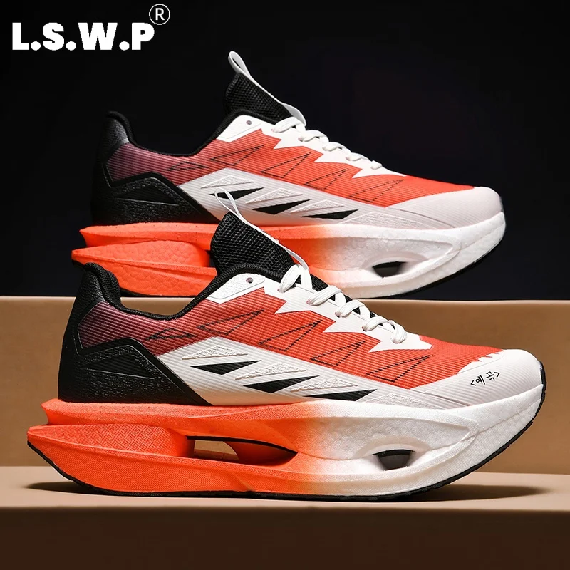 Men's Casual Sports Shoes, Trendy Color-Blocking Hollow-Out Thick-Soled Racing Sneakers, Unisex Lightweight Breathable Mesh Running Shoes with High Cushioning and Rebound Midsole, Non-Slip and Wear-Resistant, Suitable for Professional Long-Distance Running Training, Campus Physical Testing, Outdoor Jogging, and Fitness Shoes