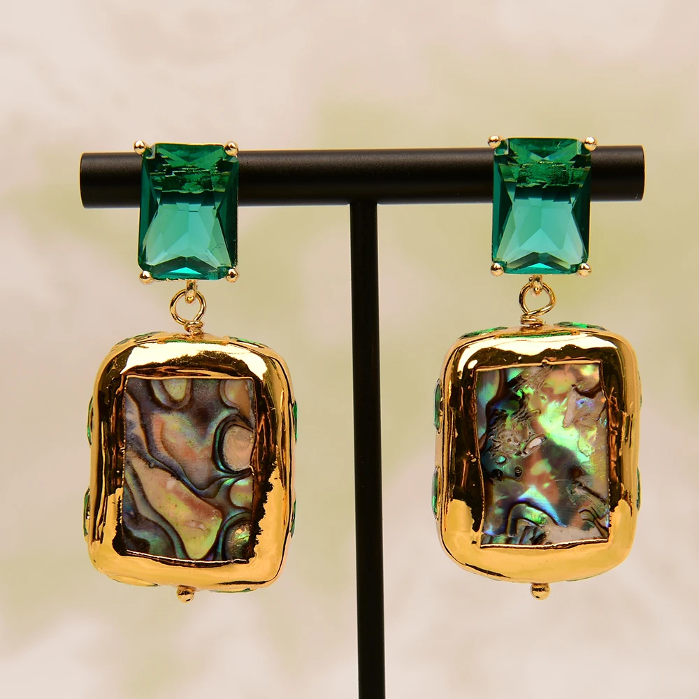 أقراط مطلية بالذهب ، ألوان مختلطة ، كريستال أخضر ، قشرة ، لؤلؤ ، زجاج ، عشيق