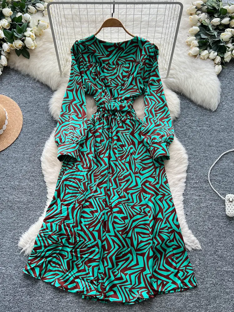 Ele V-Ne Long Sve Print Satin Wrap Waist Dr Women's Autumn Season High Waist A-Line Dr Ci Commute Sle