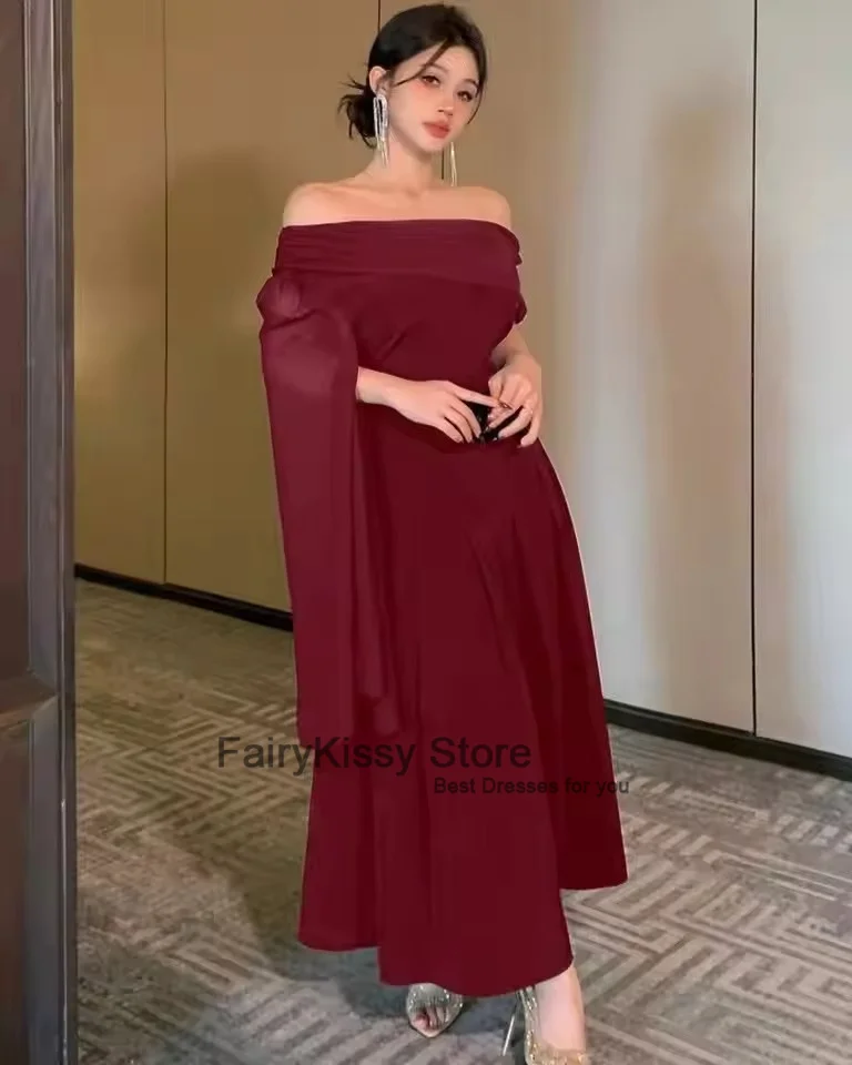 FairyKissy Vestidos de noche de manga larga Vestidos de fiesta de un hombro Vestidos de fiesta hasta el tobillo de gasa plisada para mujer