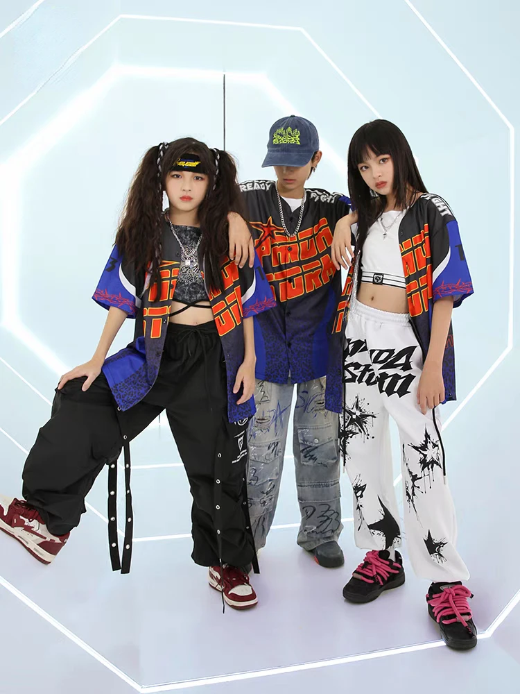 Neue Jazz Tanzen Outfits für Jungen Baseball Hemd Lose Hosen Anzüge Mädchen Ballsaal Hip Hop Dance Kostüme Bühne Leistung Tragen
