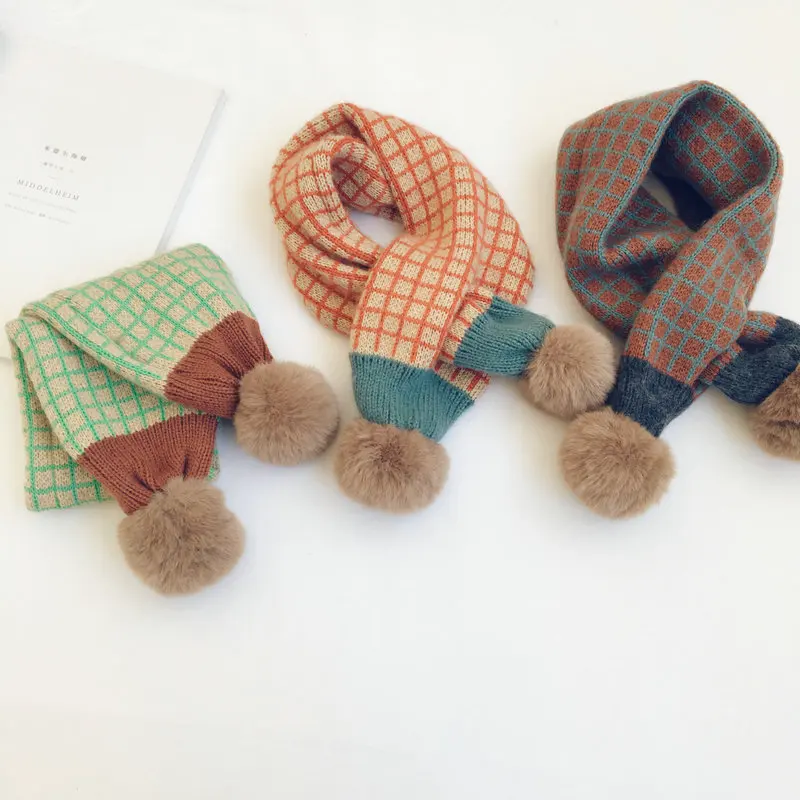 Winter New Children Plaid Knitted Scarves Korean Style Soft Pompon Patchwork Shawl Kids Warm Neckerchief