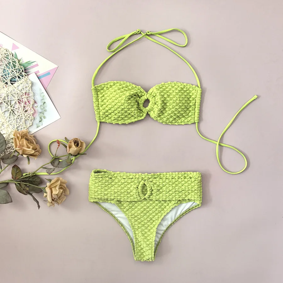 

Сексуальные зеленые однотонные бикини-бандо, комплекты из двух частей, купальники с высокой талией, пляжная одежда, комплект бикини, танкини.