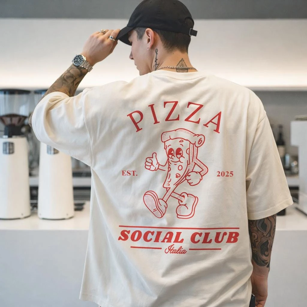 Vintage Pizza Social Club T-Shirt – Retro Italian Foodie Tee Neutral Round Neck Printed T-shirt