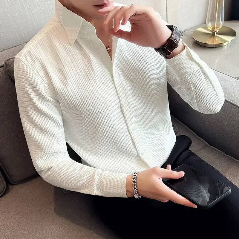 

Waffle Spring Autumn Men's Shirt Casual and Slim Long Sleeve Solid Polo Neck Shirt Non Iron Wrinkle Resistant Business Tops